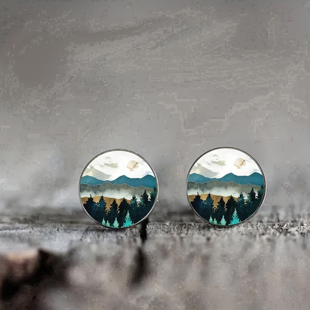 Mountain Landscape Stud Earrings 316 Stainless Steel Nature Forest Pine Tree